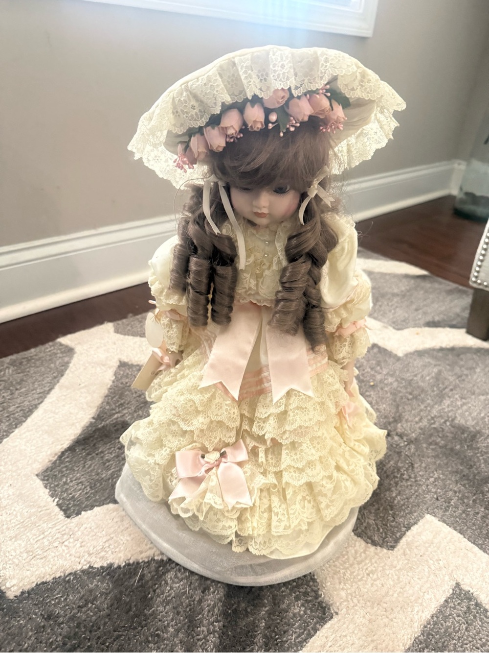 Gorham Porcelain Doll in Cream Lace with Pink Ribbon Accents